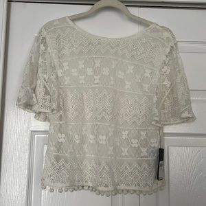 Guess White Lace Blouse with Pom Pom Trim